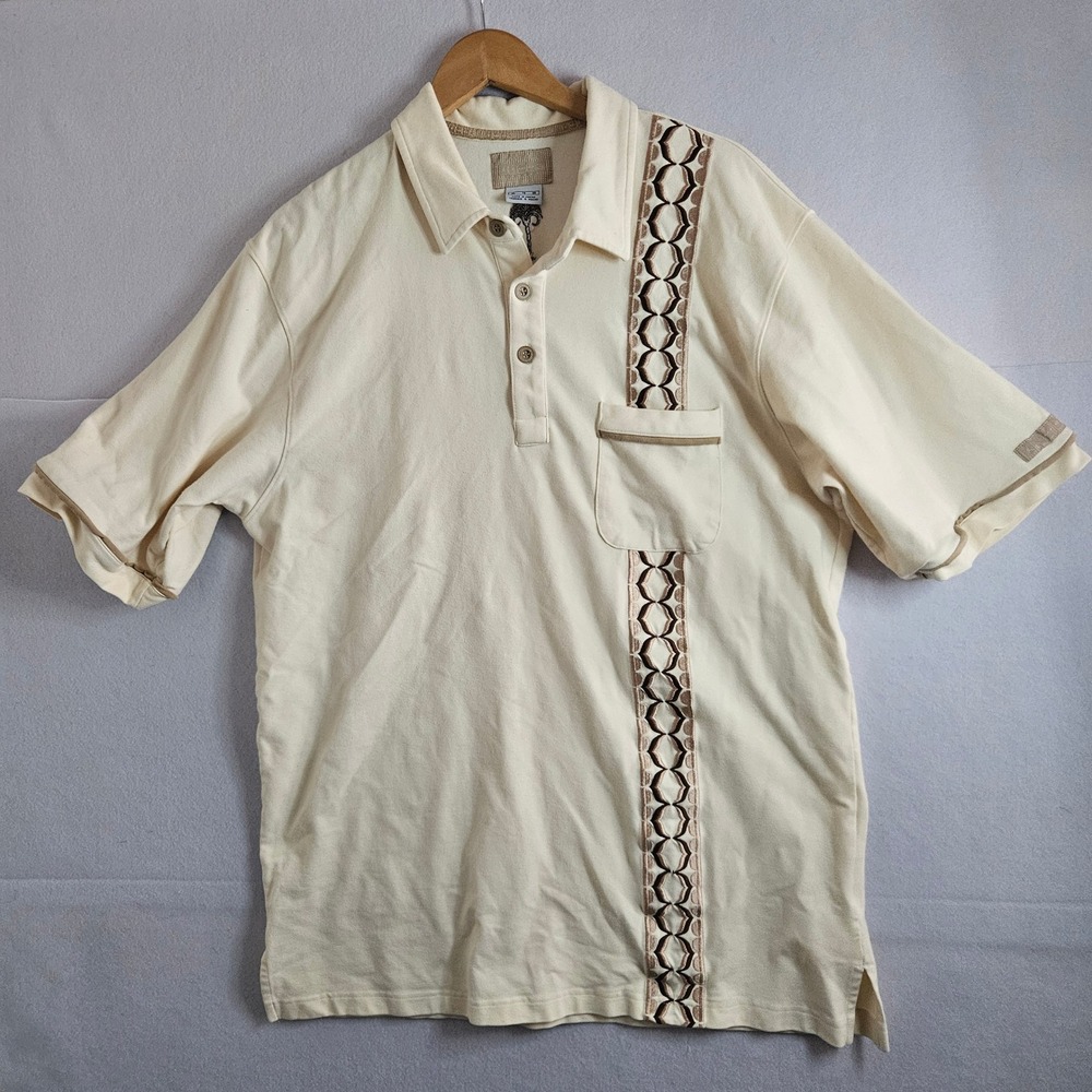 Vtg Jordan Brand Mens XL Y2K Cream Palm Tree Embroidered Polo Shirt Geometric